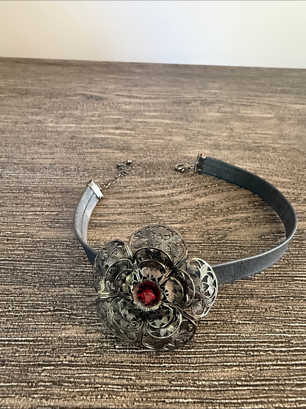 Vintage Black Leather Choker with Filigree Flower and Red Gem
